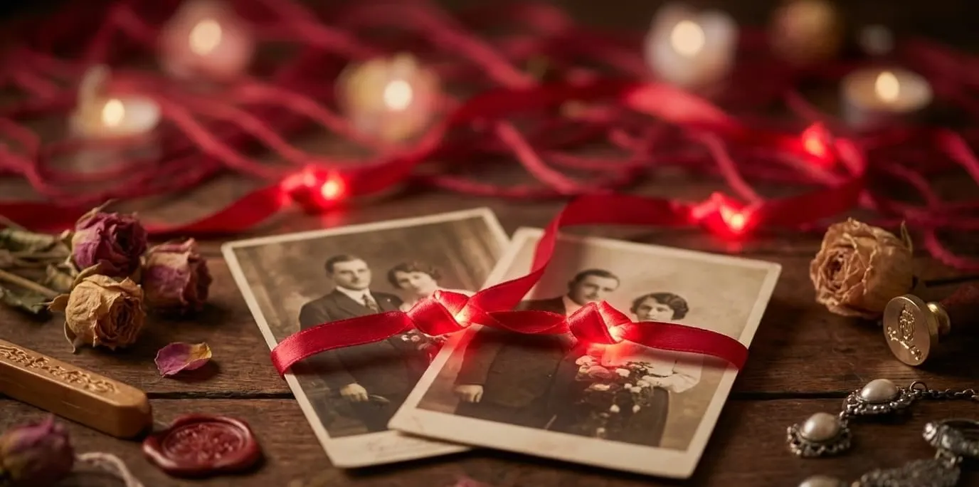 Cinta roja enrollada sobre una mesa junto a un marco de fotos vacío