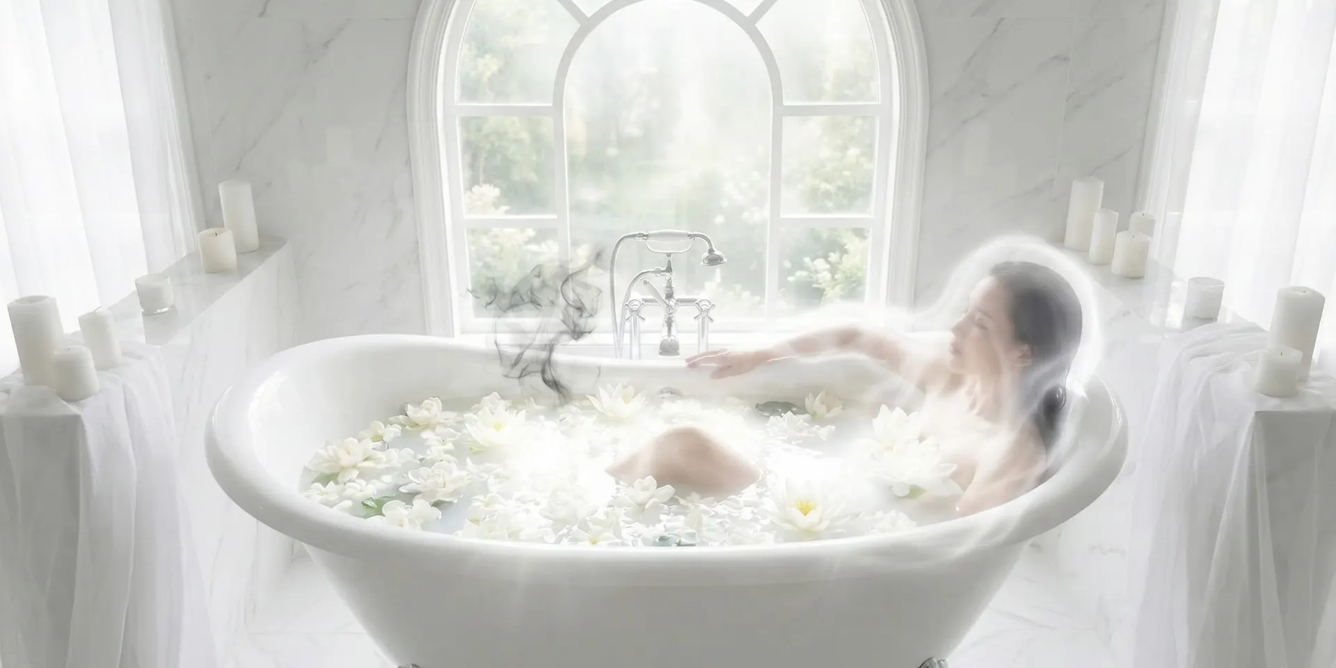 Barreño con agua y pétalos de flores blancas flotando