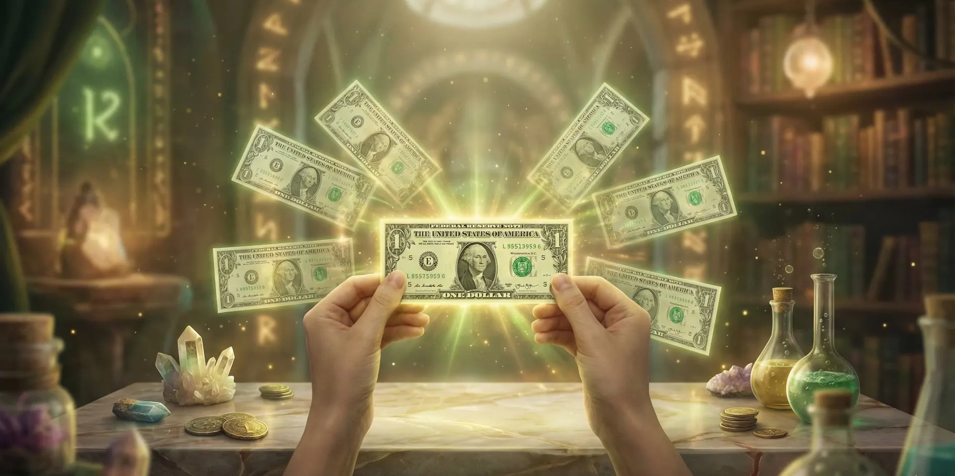 Billete doblado junto a una hoja de laurel y una cartera abierta