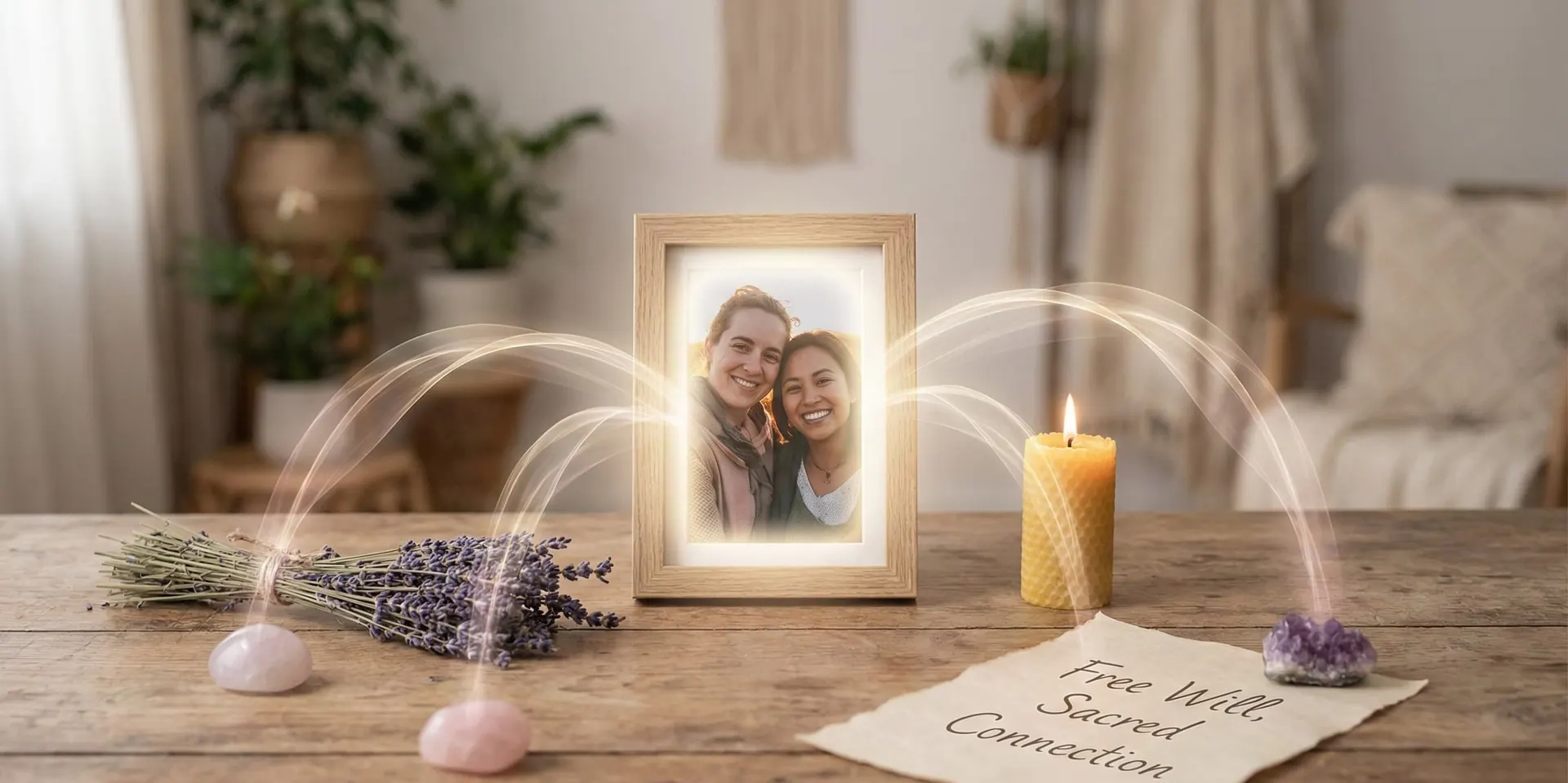 Fotografía impresa junto a una vela encendida y un papel doblado