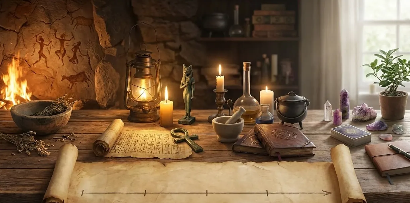 Objetos rituales antiguos sobre una mesa de piedra: sal, hierbas y una vela