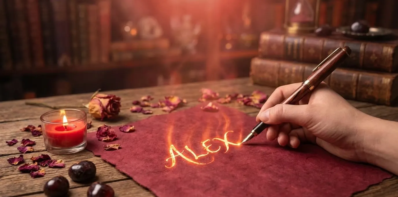 Papel rojo doblado junto a una vela encendida sobre una mesa oscura