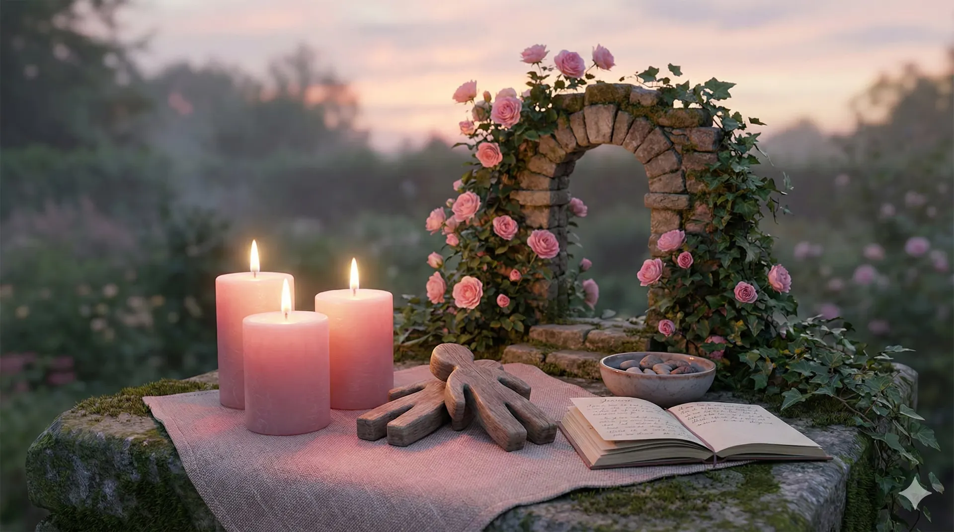 Vela rosa encendida sobre un papel escrito en una mesa de madera