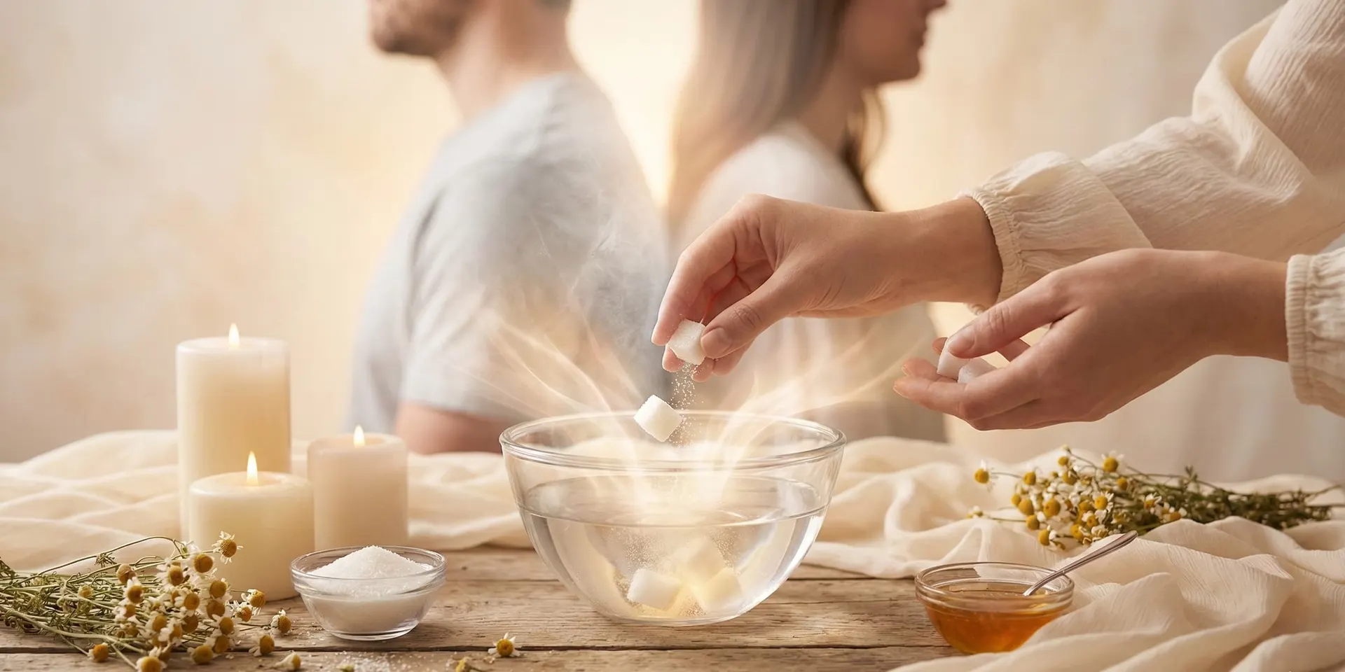 Plato con azúcar blanco cubriendo un papel doblado junto a una vela