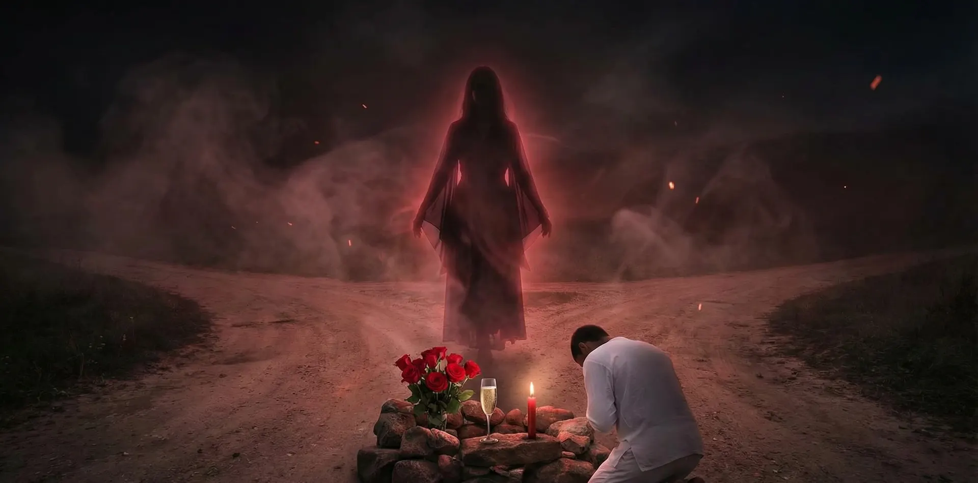 Rosas rojas y una copa junto a velas encendidas sobre una mesa oscura