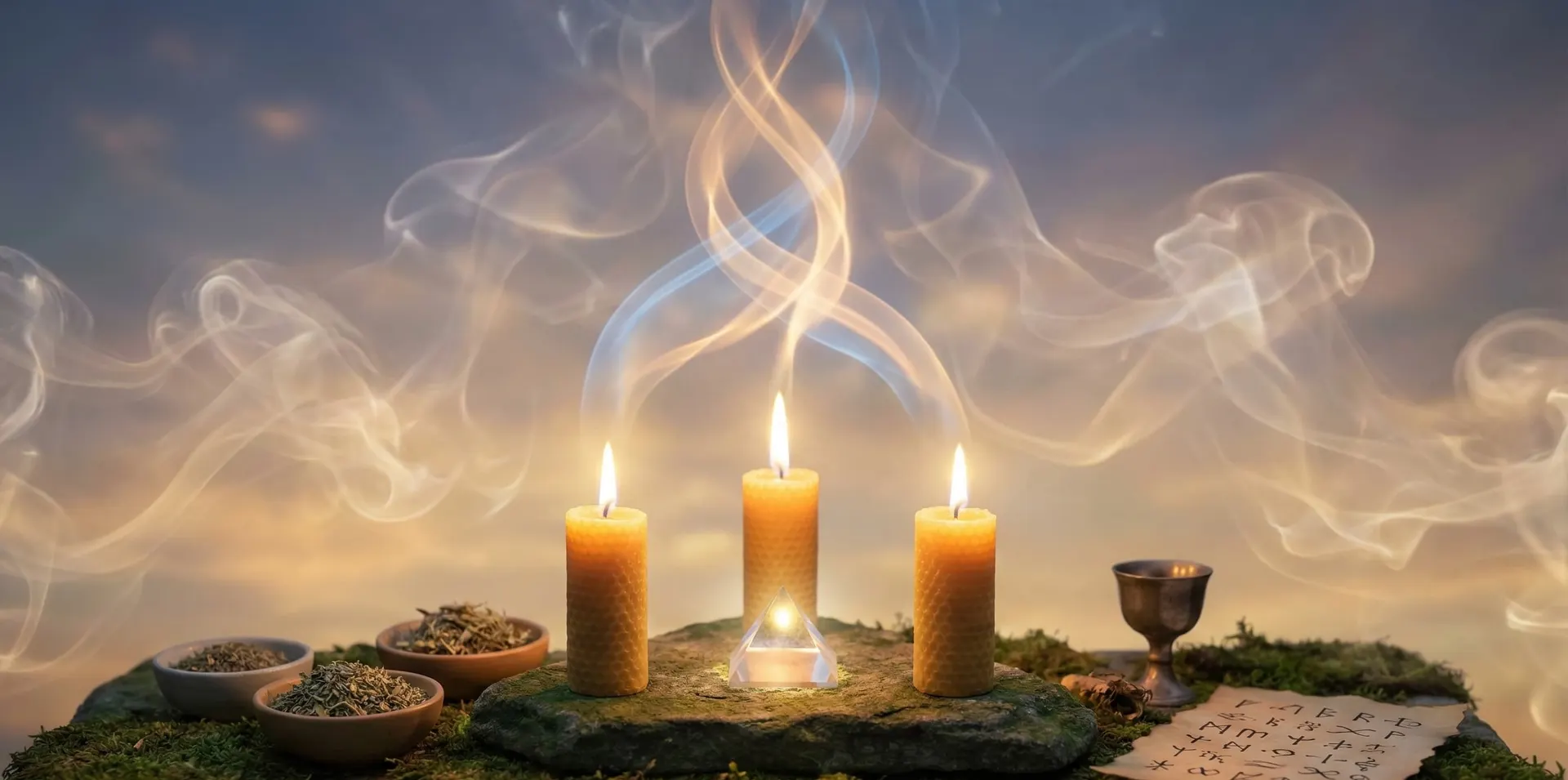 Tres velas blancas encendidas en fila sobre una mesa oscura