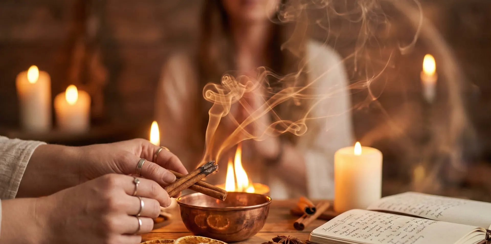 Papel con canela espolvoreada junto a una vela roja encendida