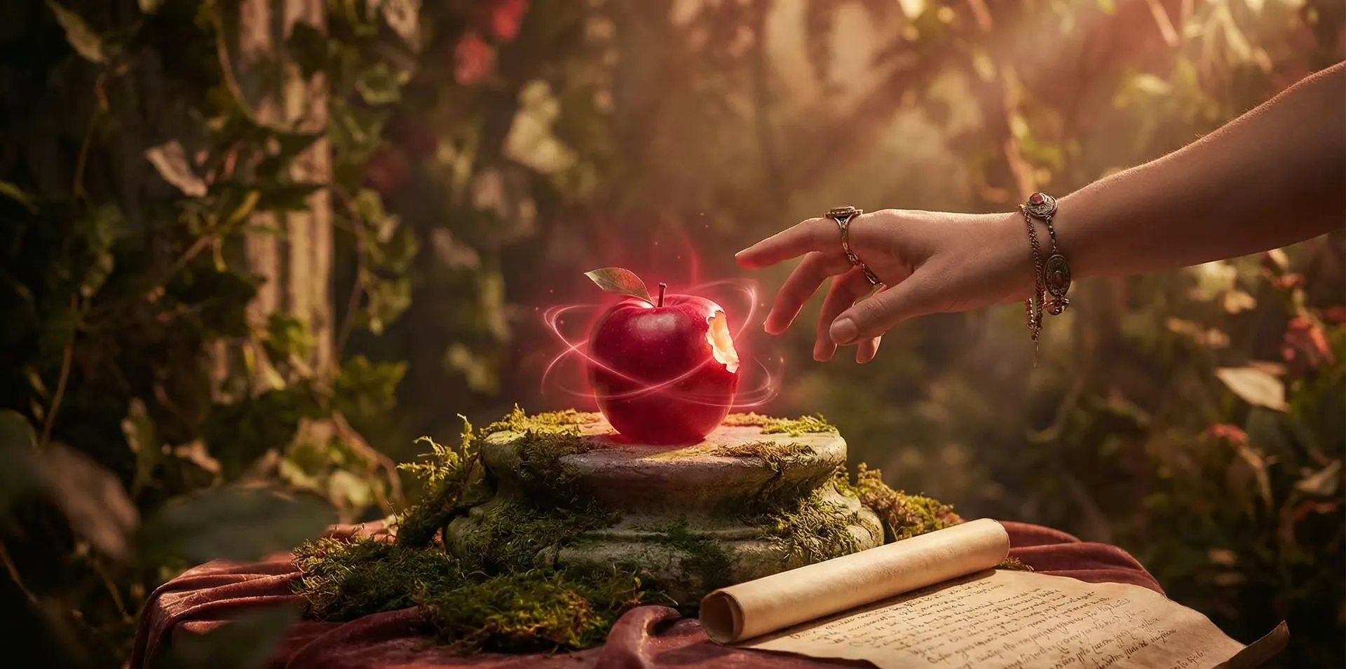 Manzana roja cortada mostrando la estrella del corazón junto a canela en rama