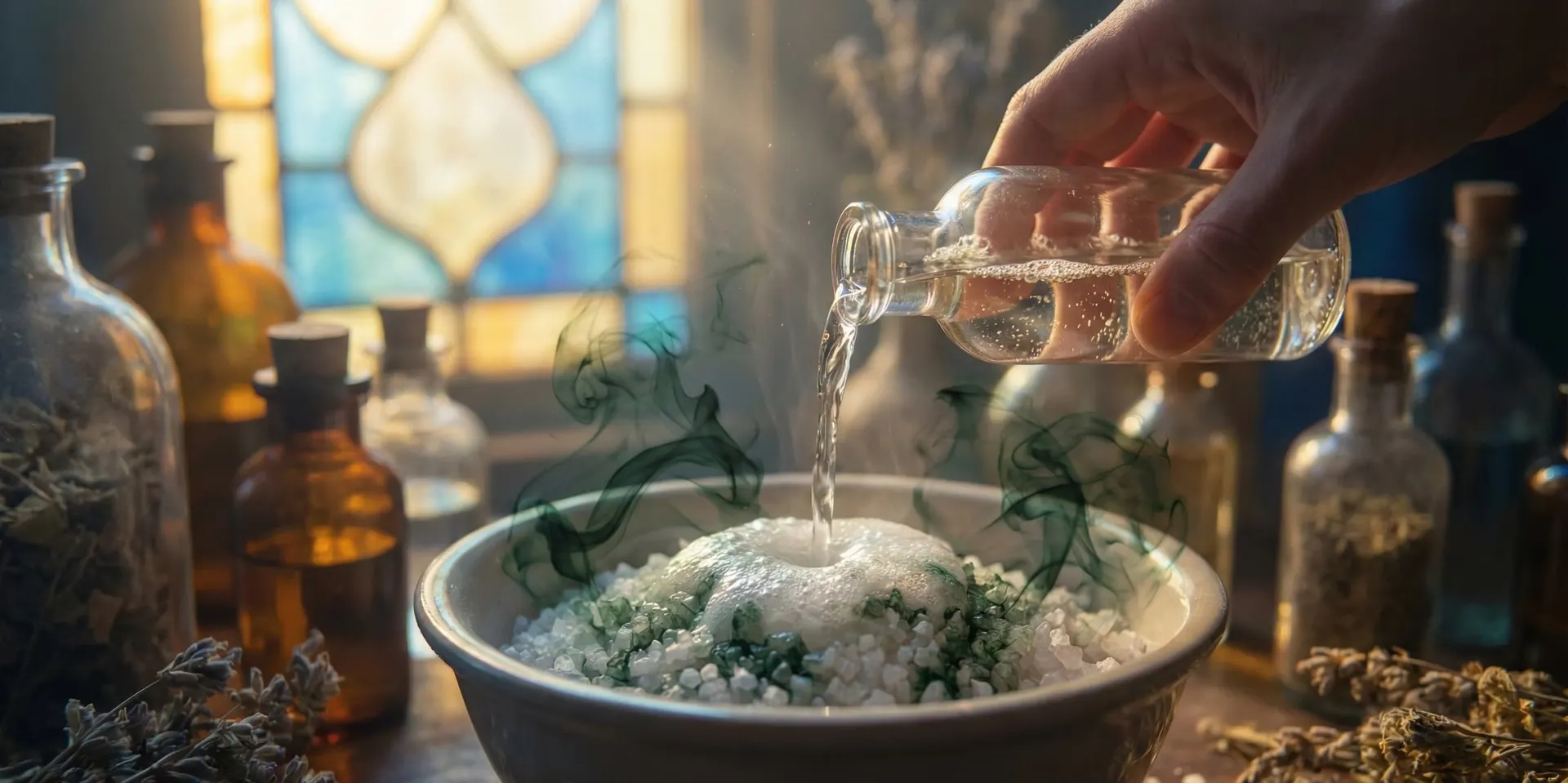 Vaso de cristal con sal gruesa y vinagre en una esquina de la casa