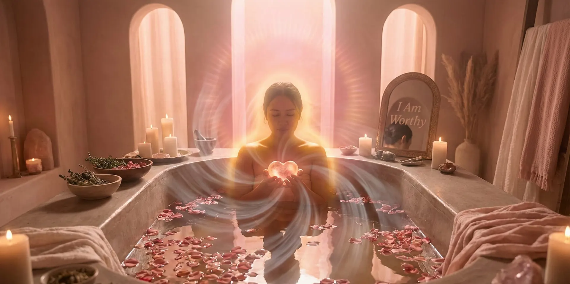 Baño con pétalos de rosa flotando y una vela encendida al borde