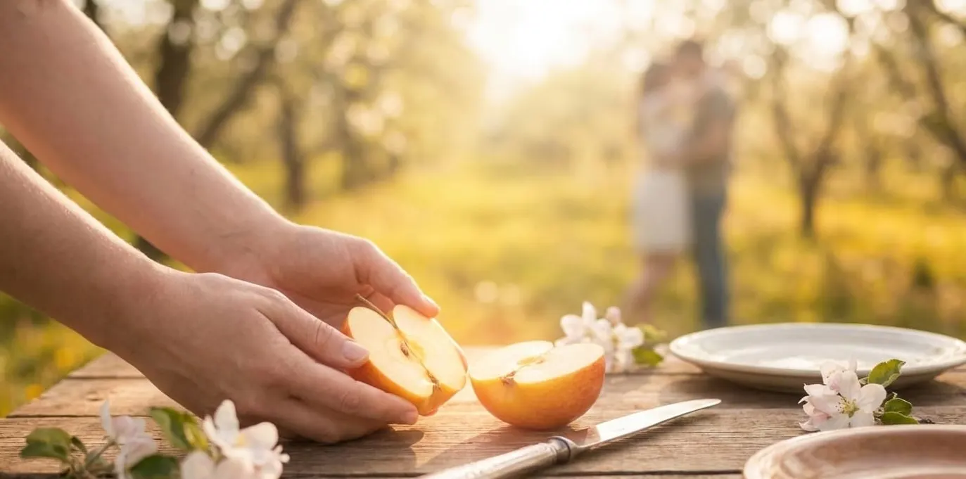 Manzana partida y atada con cinta roja entre dos velas blancas encendidas