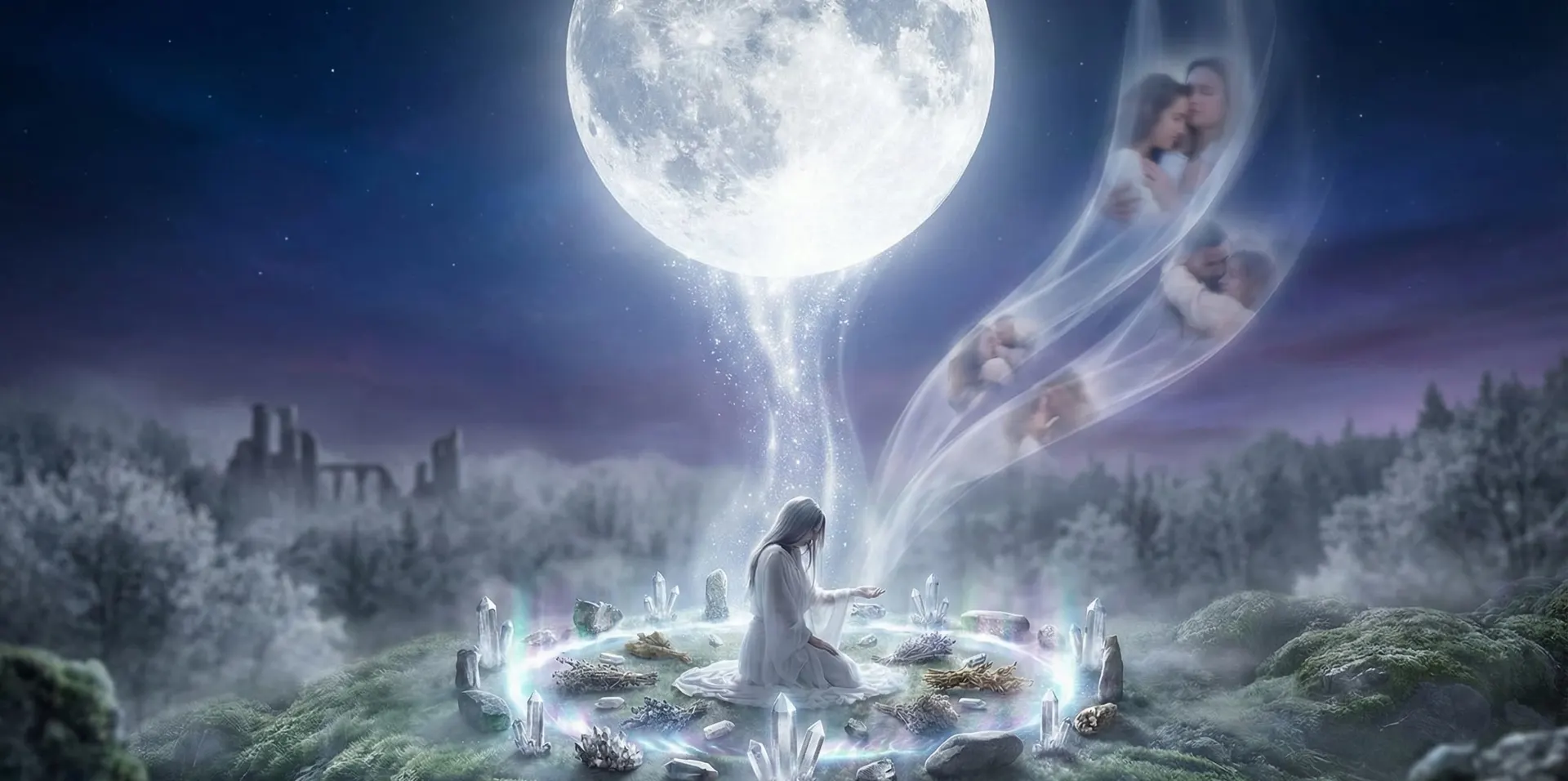 Cuenco de agua reflejando la luna llena junto a una vela encendida