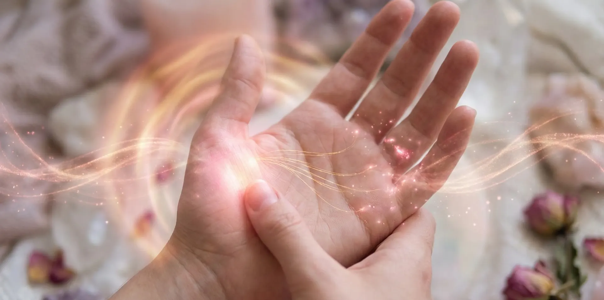Palma de una mano abierta iluminada por luz cálida