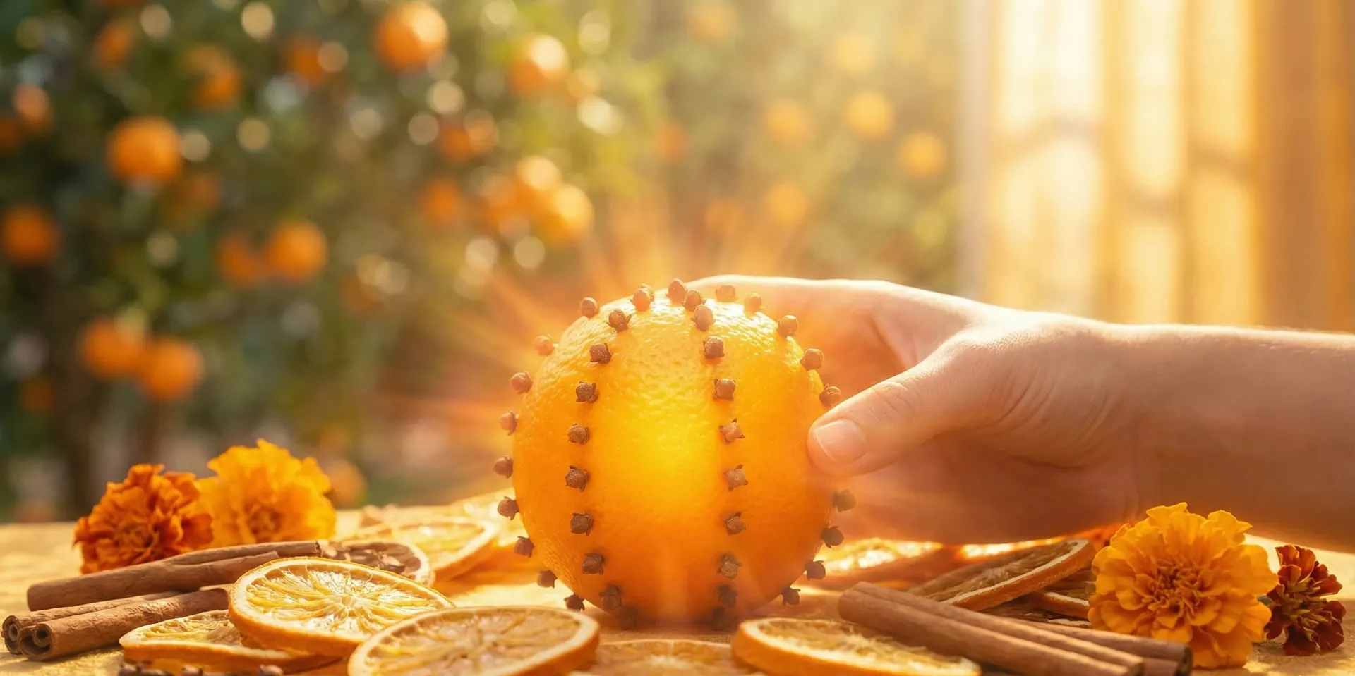 Naranja claveteada con clavos de olor sobre un plato de cerámica
