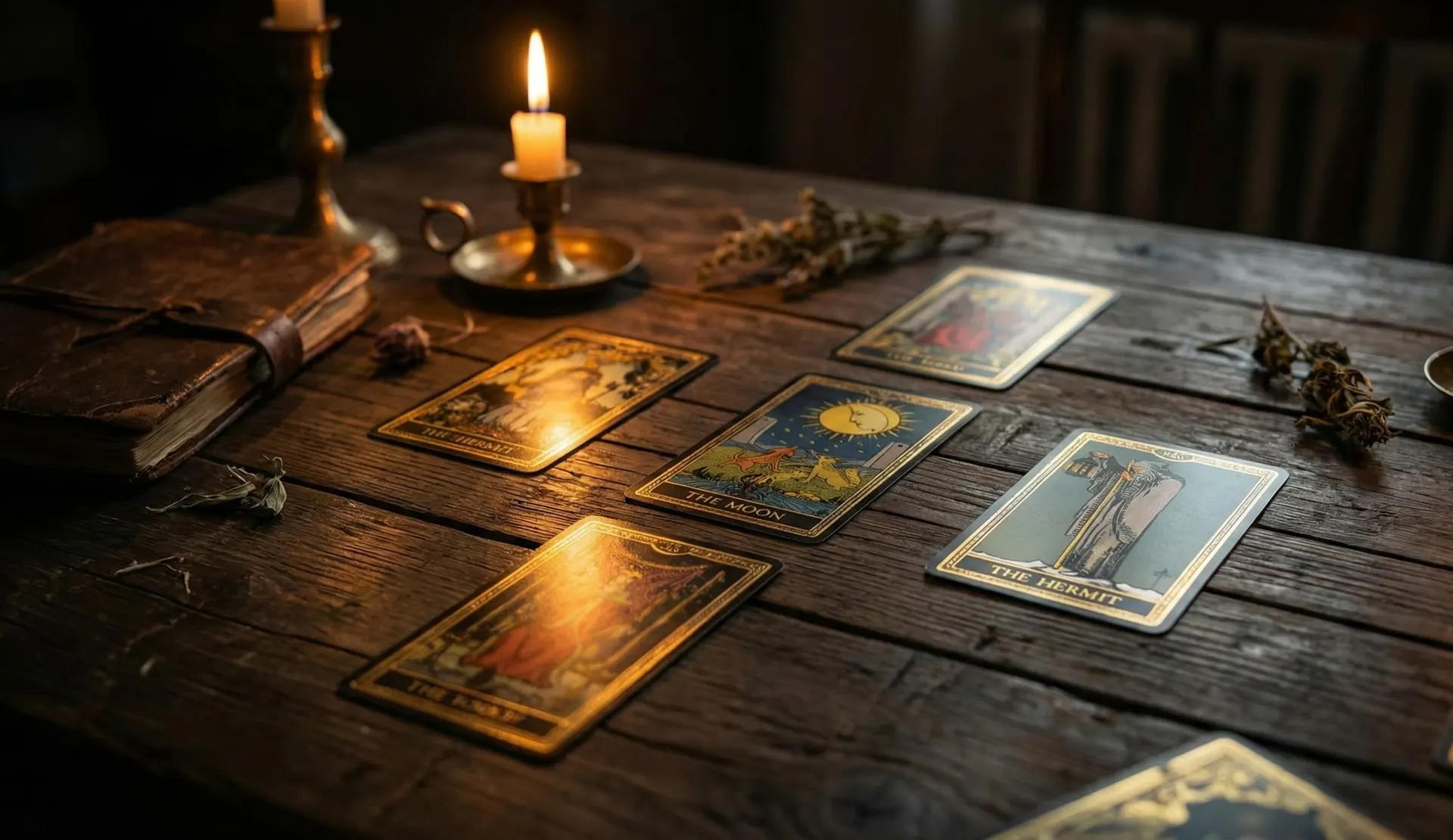 Tirada de tarot en curso sobre un mantel oscuro, con una mano colocando una carta
