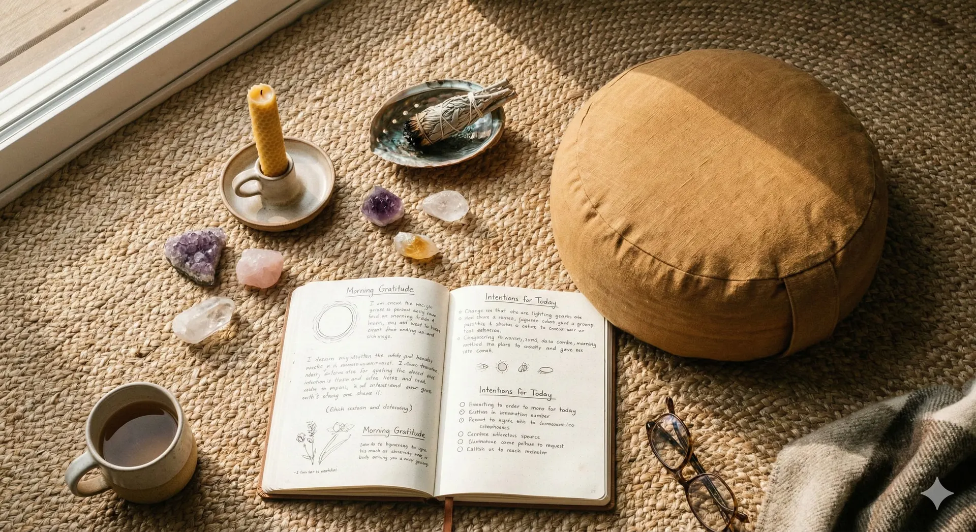 Mesa con una baraja de tarot, una vela encendida y un cuaderno abierto durante una consulta