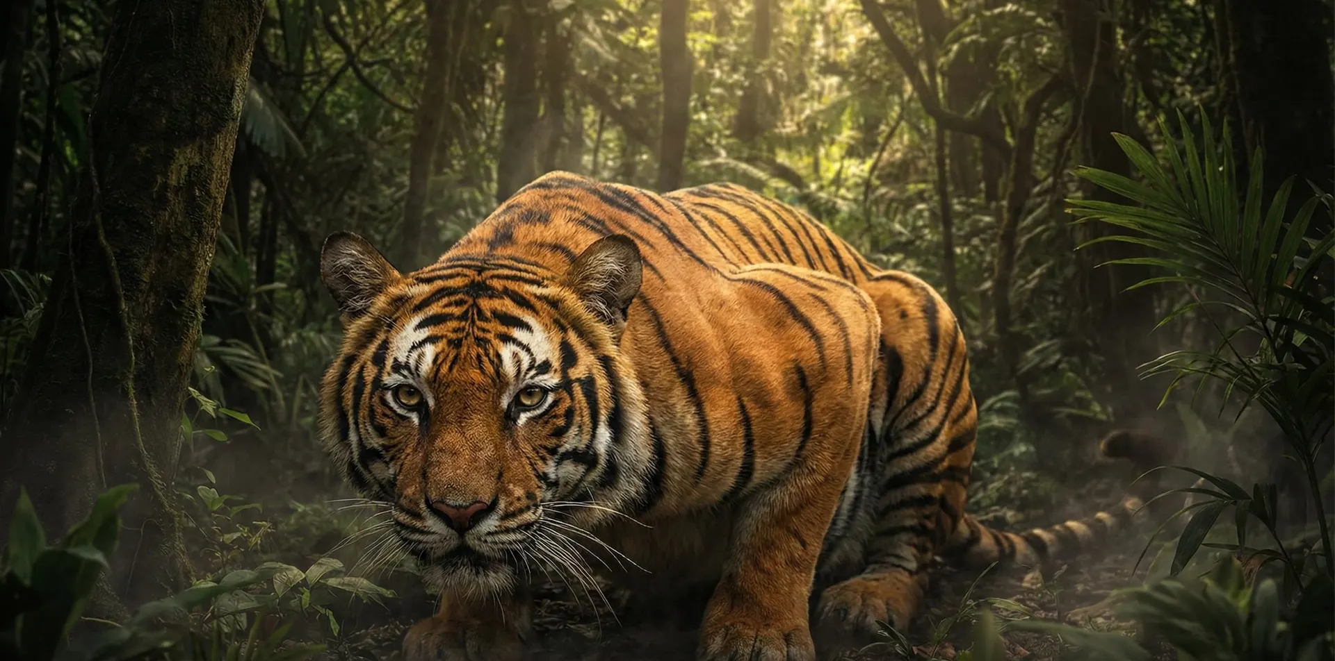 Vegetación densa con una silueta felina apenas visible