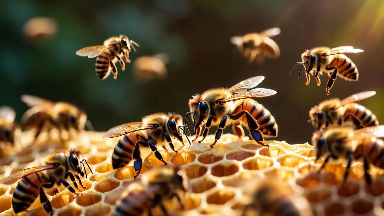Panal de abejas con luz dorada de tarde