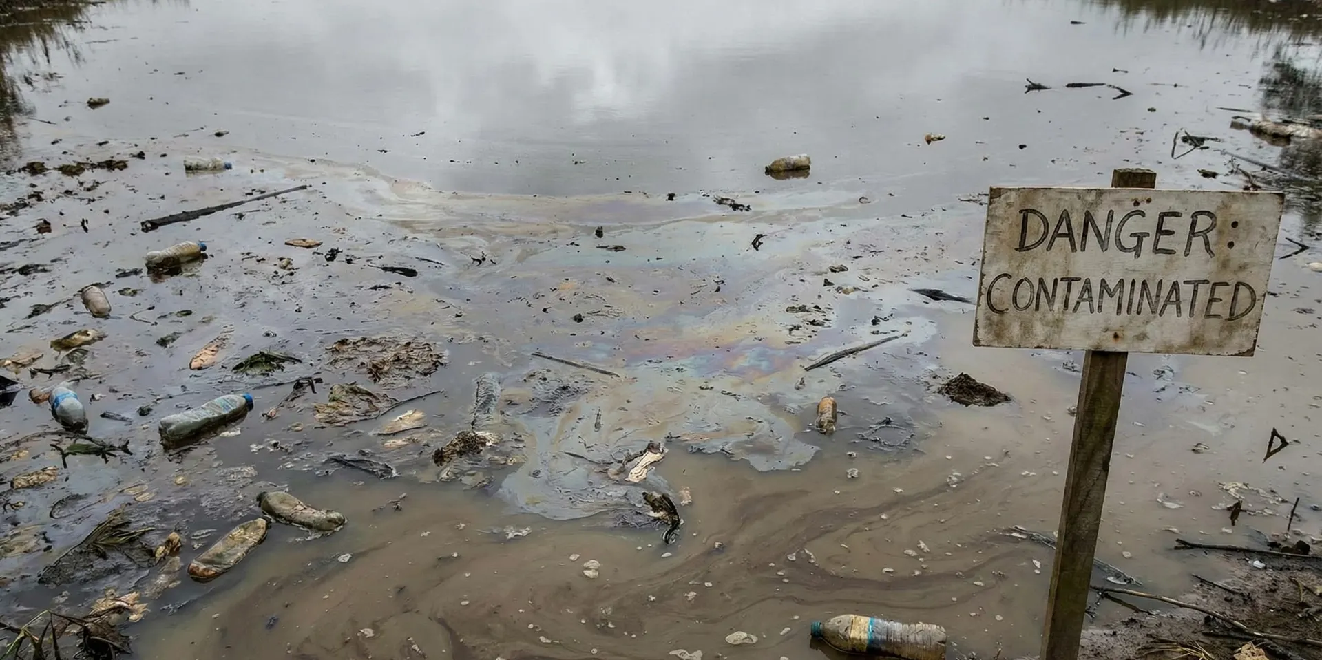 Charco de agua turbia reflejando un cielo gris