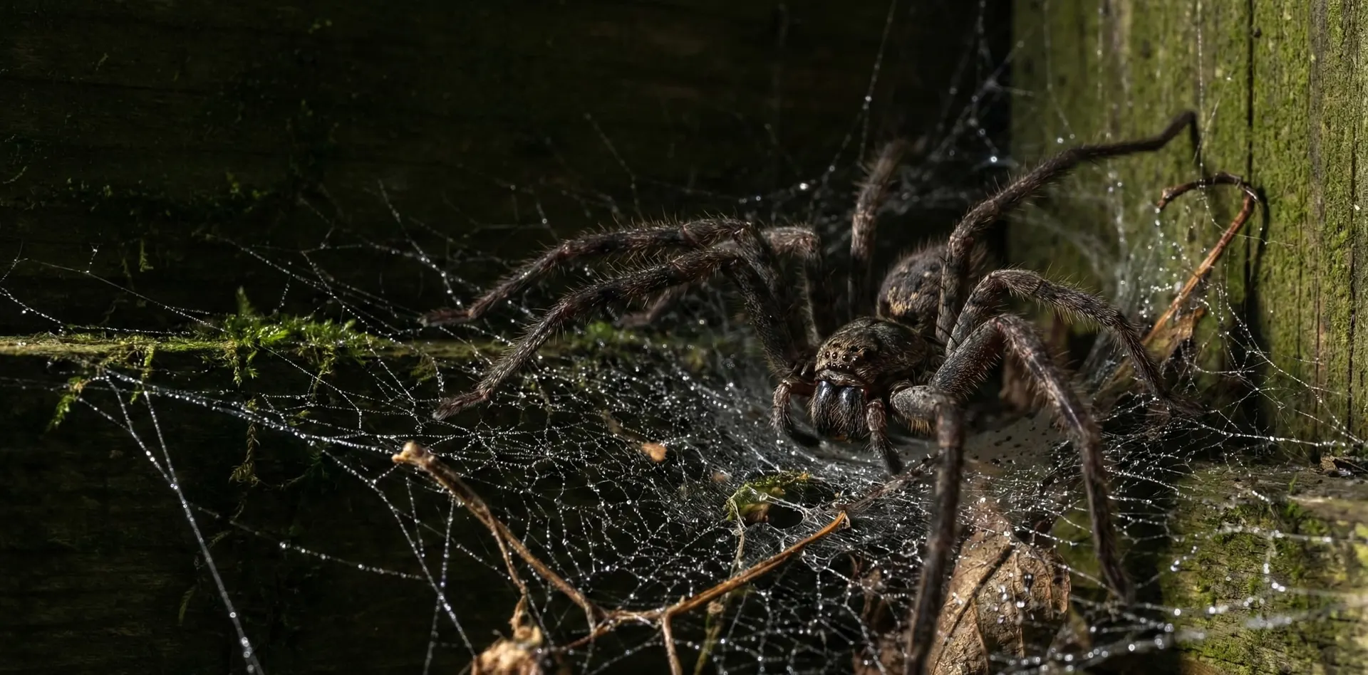 Telaraña grande iluminada por la luz de una ventana