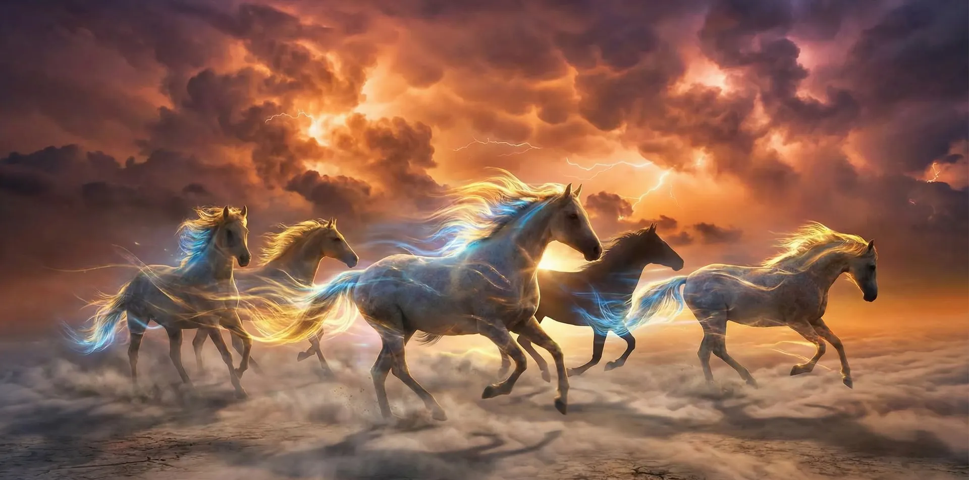 Caballos corriendo por un prado abierto al amanecer
