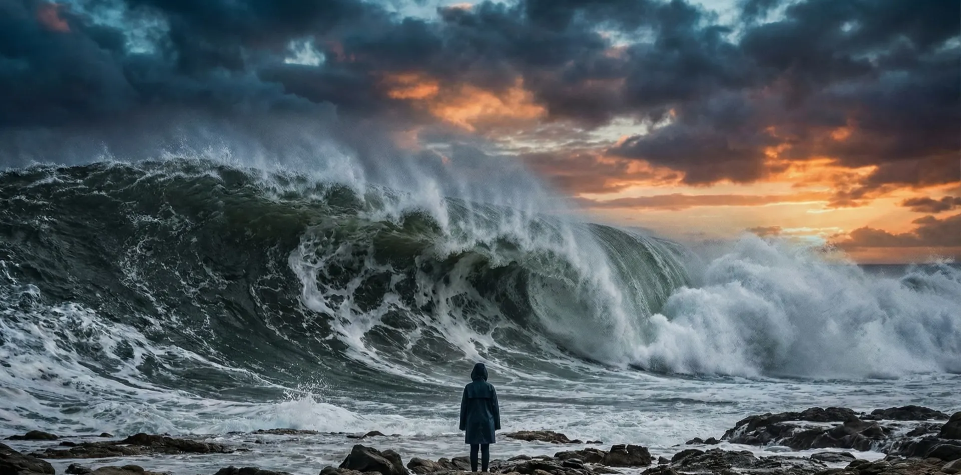 Olas grandes rompiendo contra la costa bajo un cielo gris