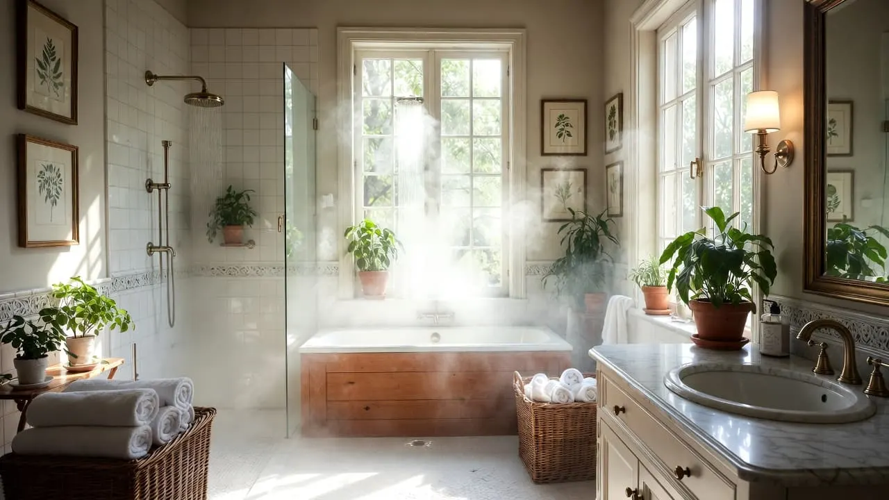 Baño antiguo con azulejos blancos y luz de ventana