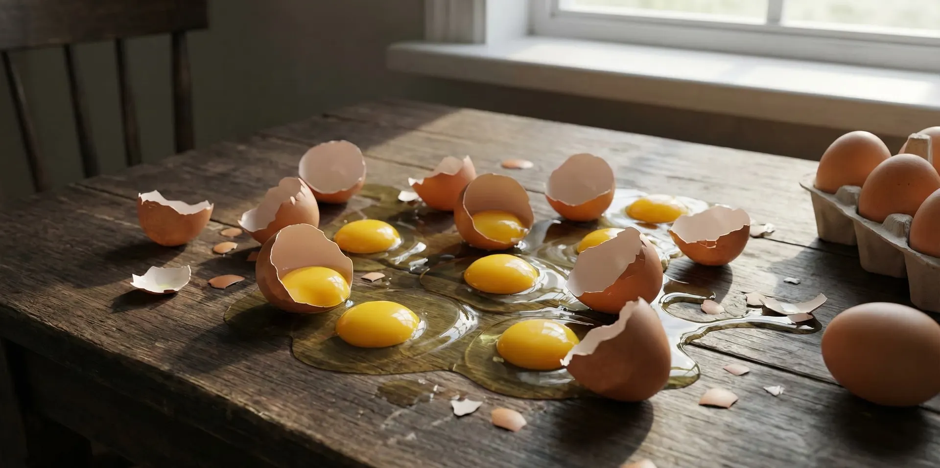 Huevos rotos sobre una encimera de piedra