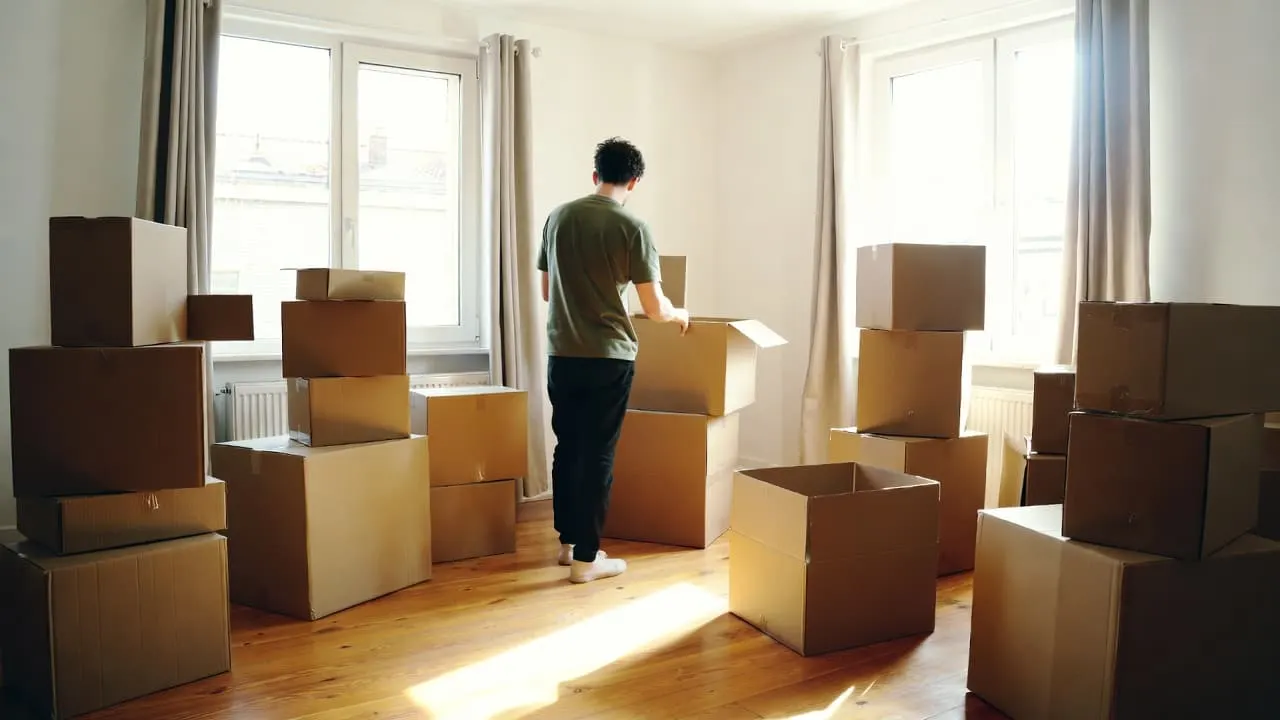 Cajas de cartón apiladas en un piso vacío