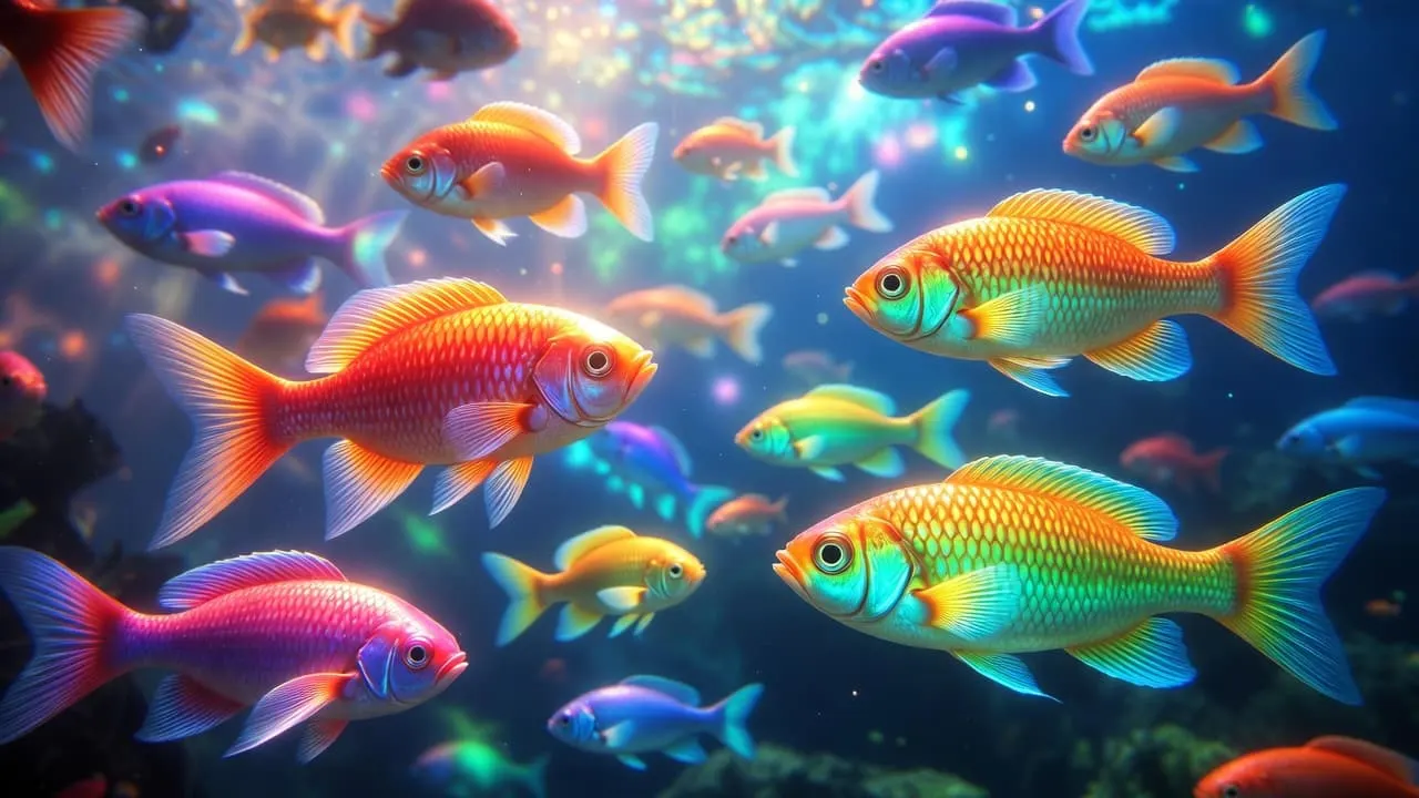 Peces de colores nadando en agua clara vistos desde arriba