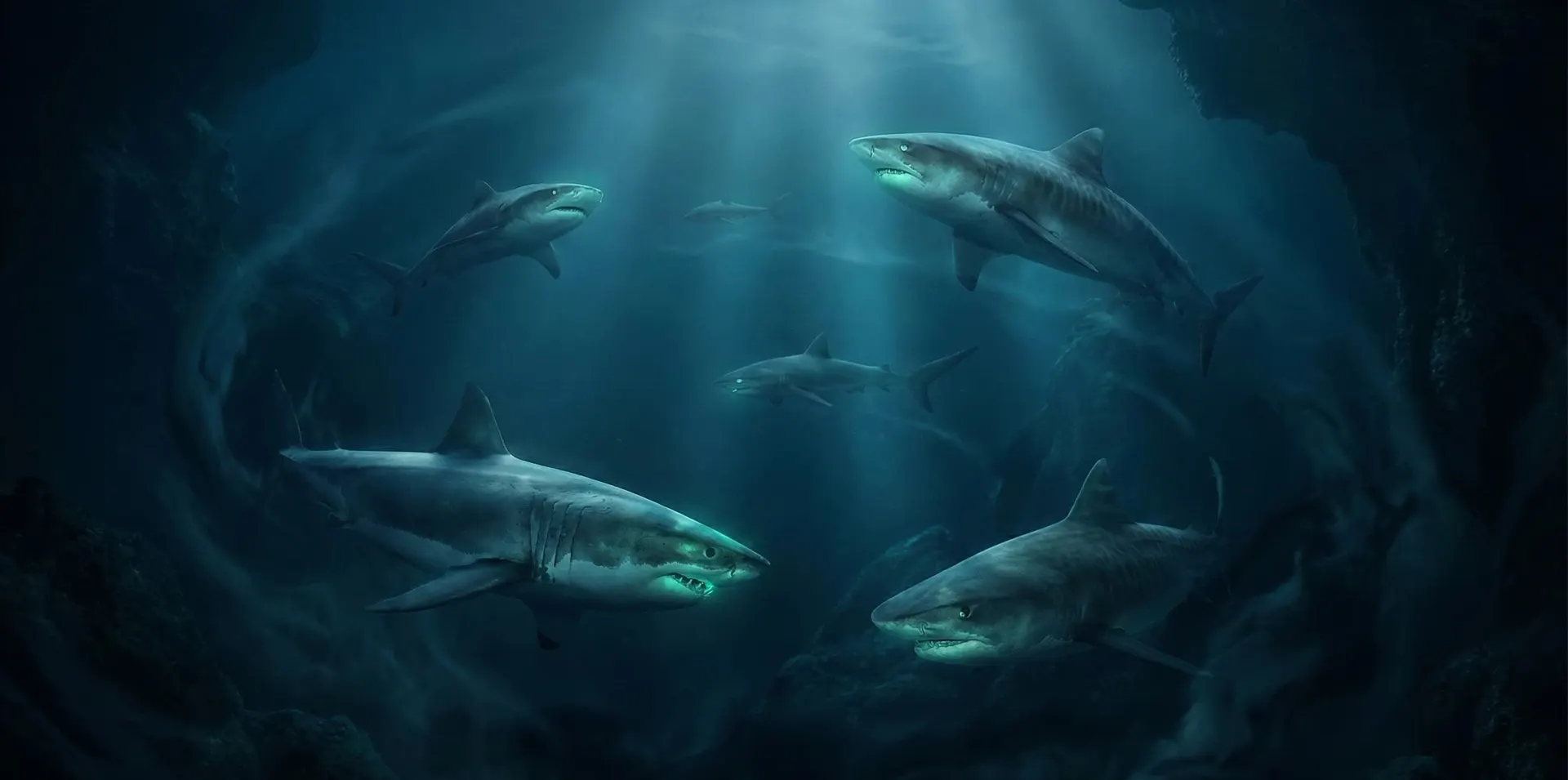 Superficie del mar oscuro con una aleta apenas visible a lo lejos