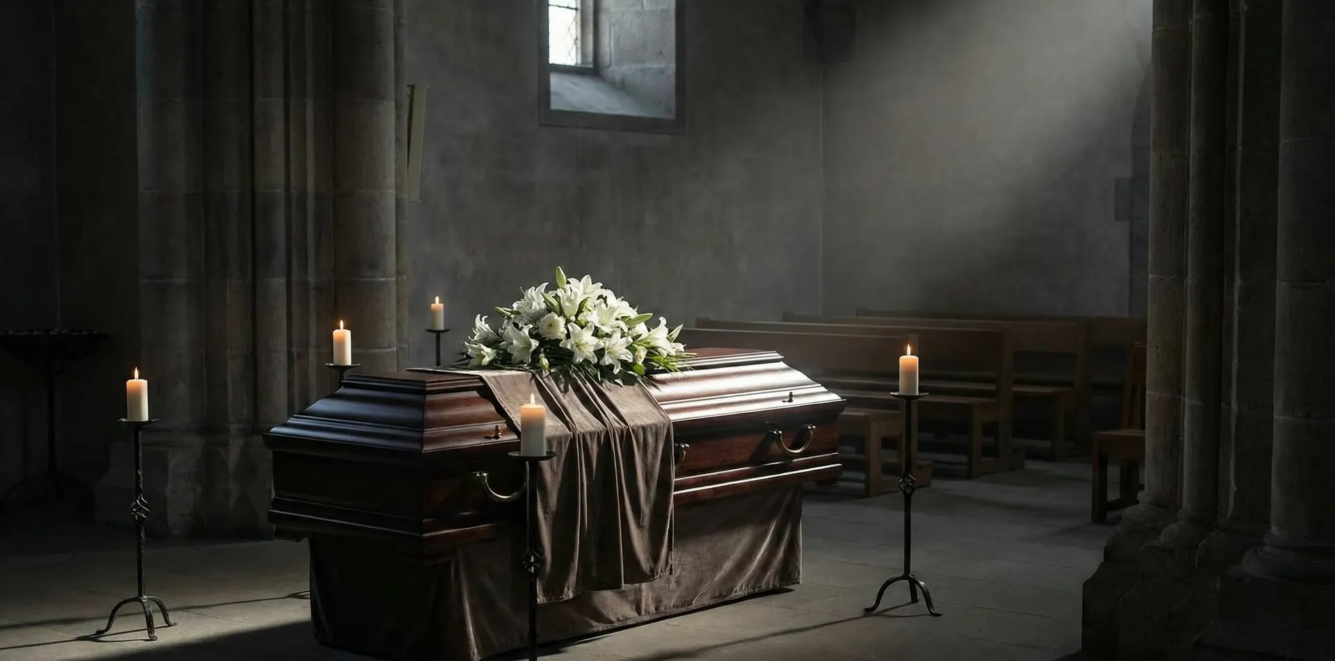 Capilla en penumbra con velas encendidas