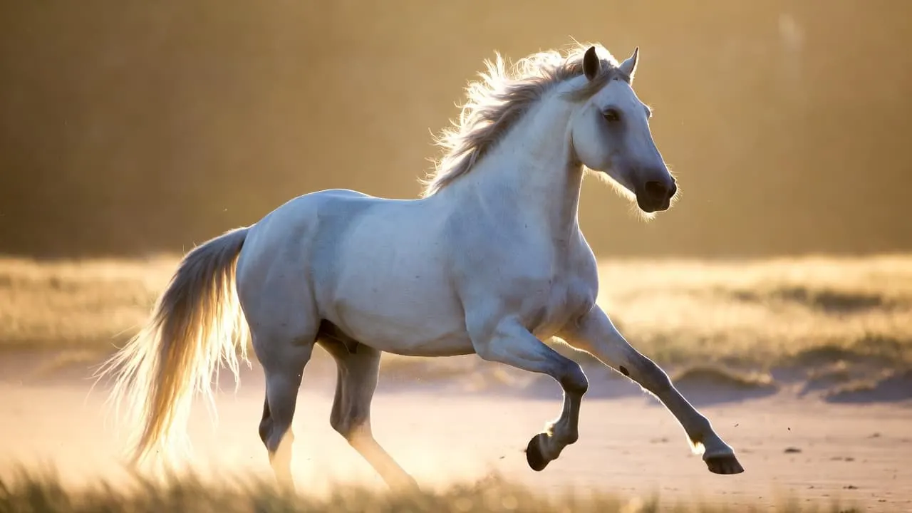 Caballo blanco galopando en un campo abierto con luz de amanecer