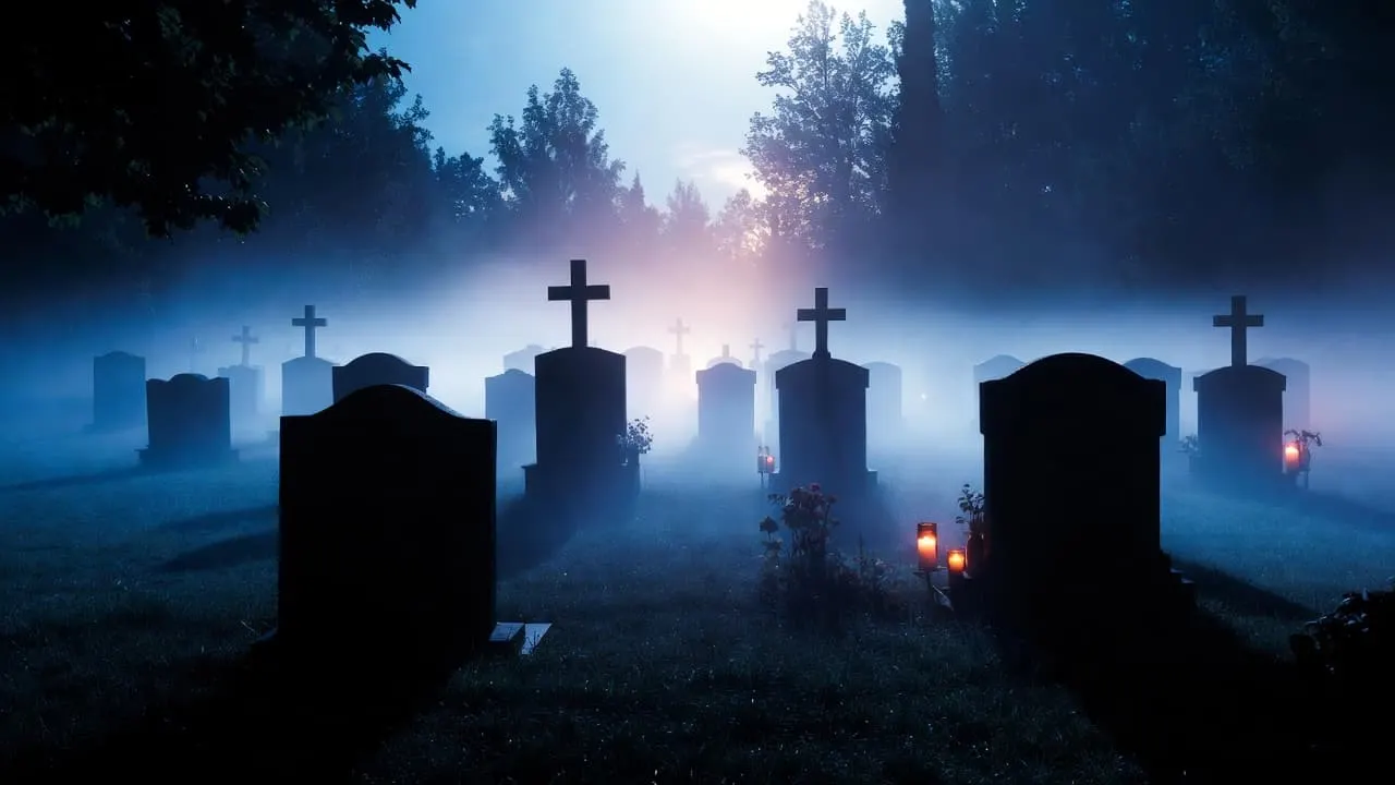 Cementerio antiguo con cipreses bajo la luz de la luna