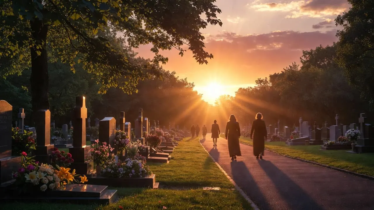Flores blancas sobre un banco de piedra en un cementerio soleado