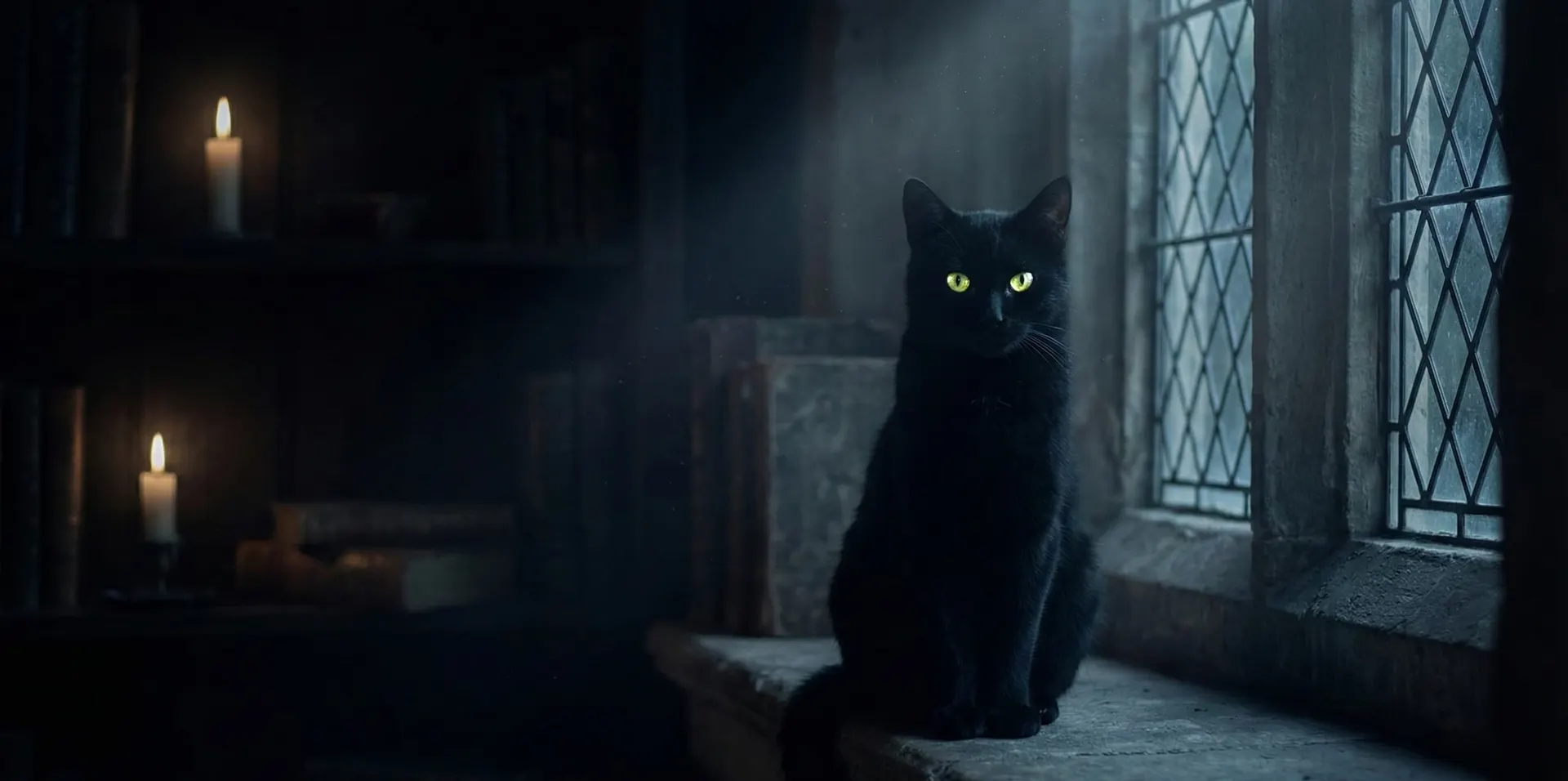 Gato negro sentado en la penumbra junto a una ventana