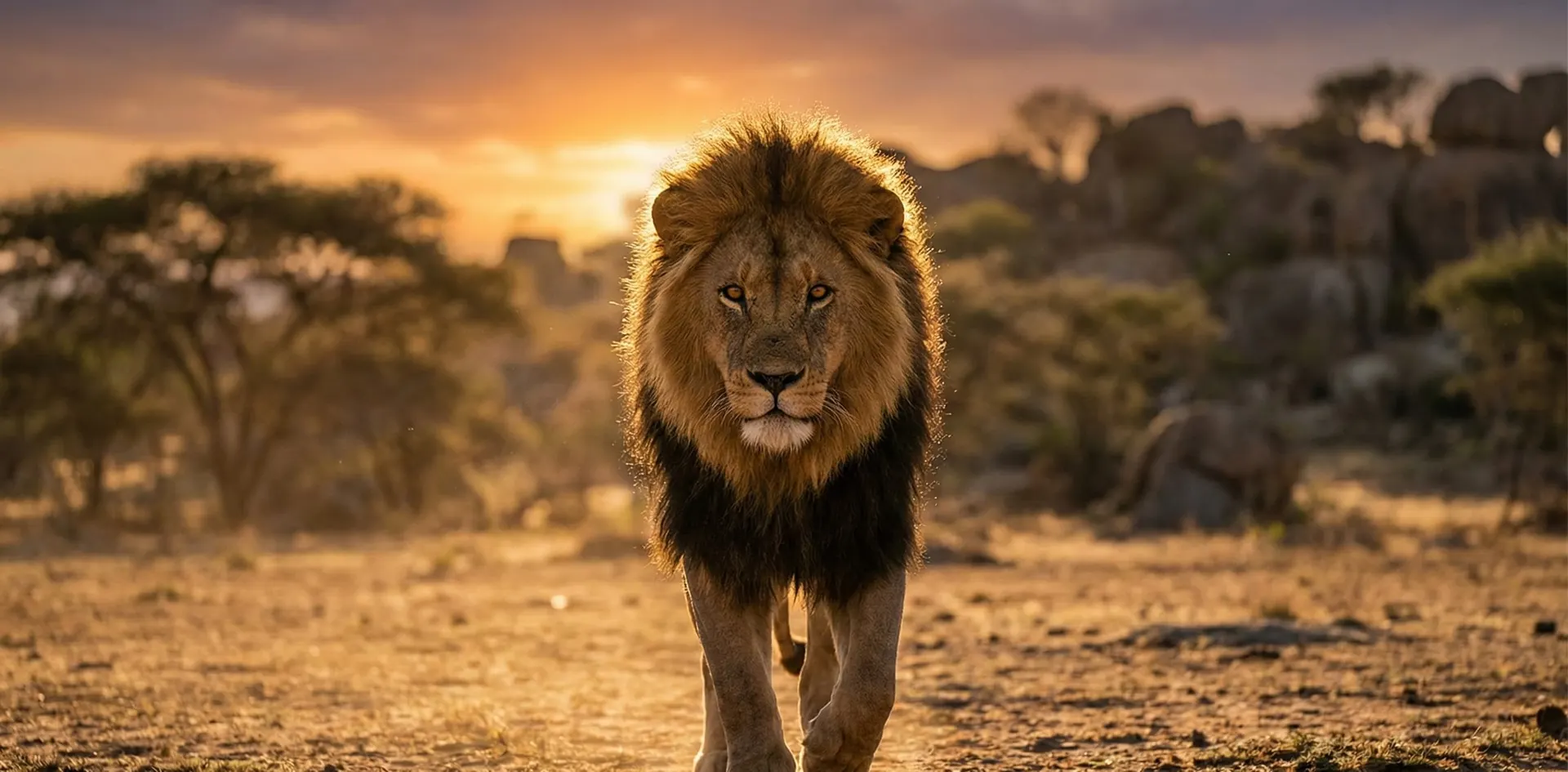 Silueta de un león en la sabana al atardecer