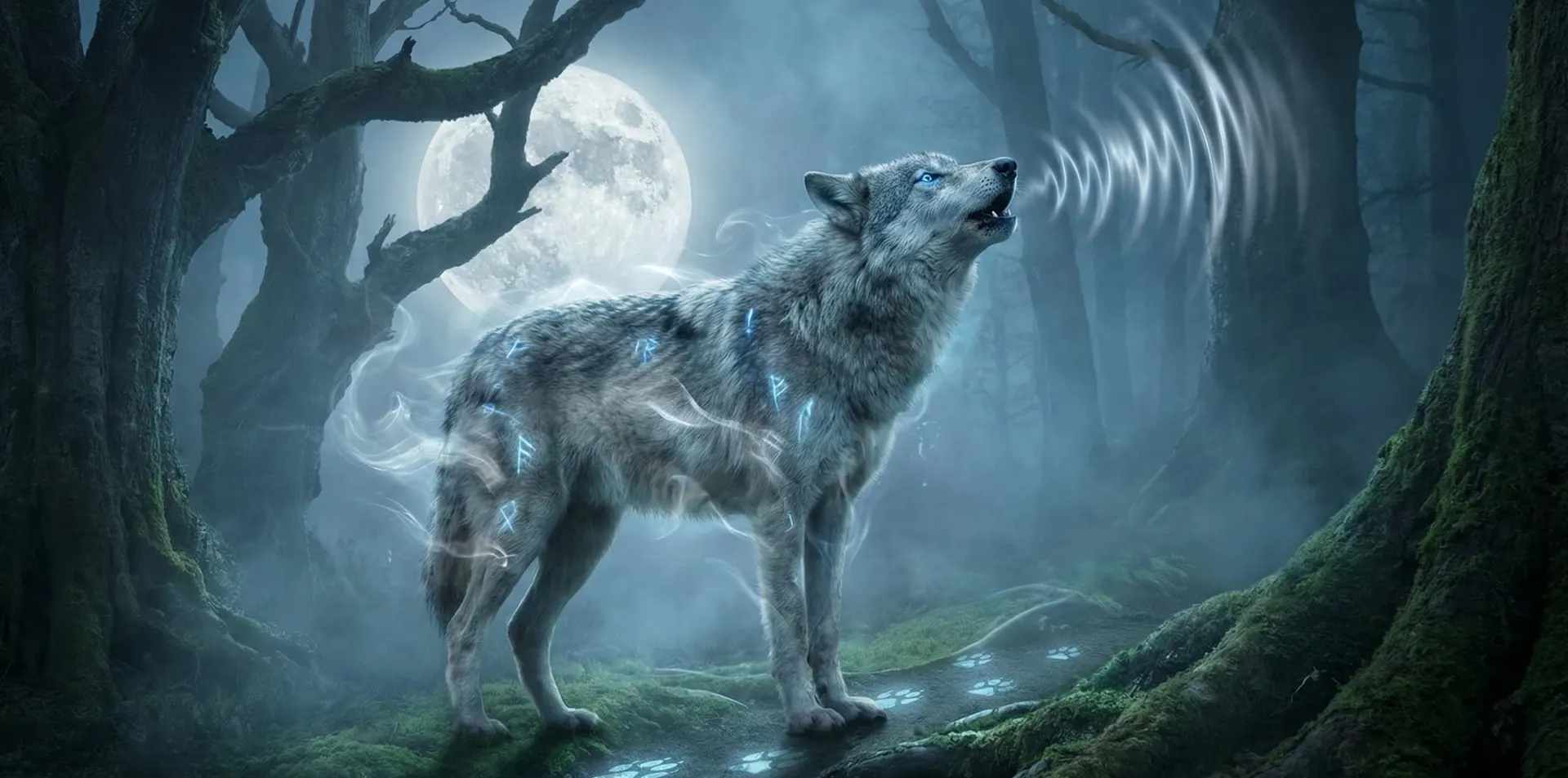 Silueta de un lobo entre árboles con niebla al amanecer