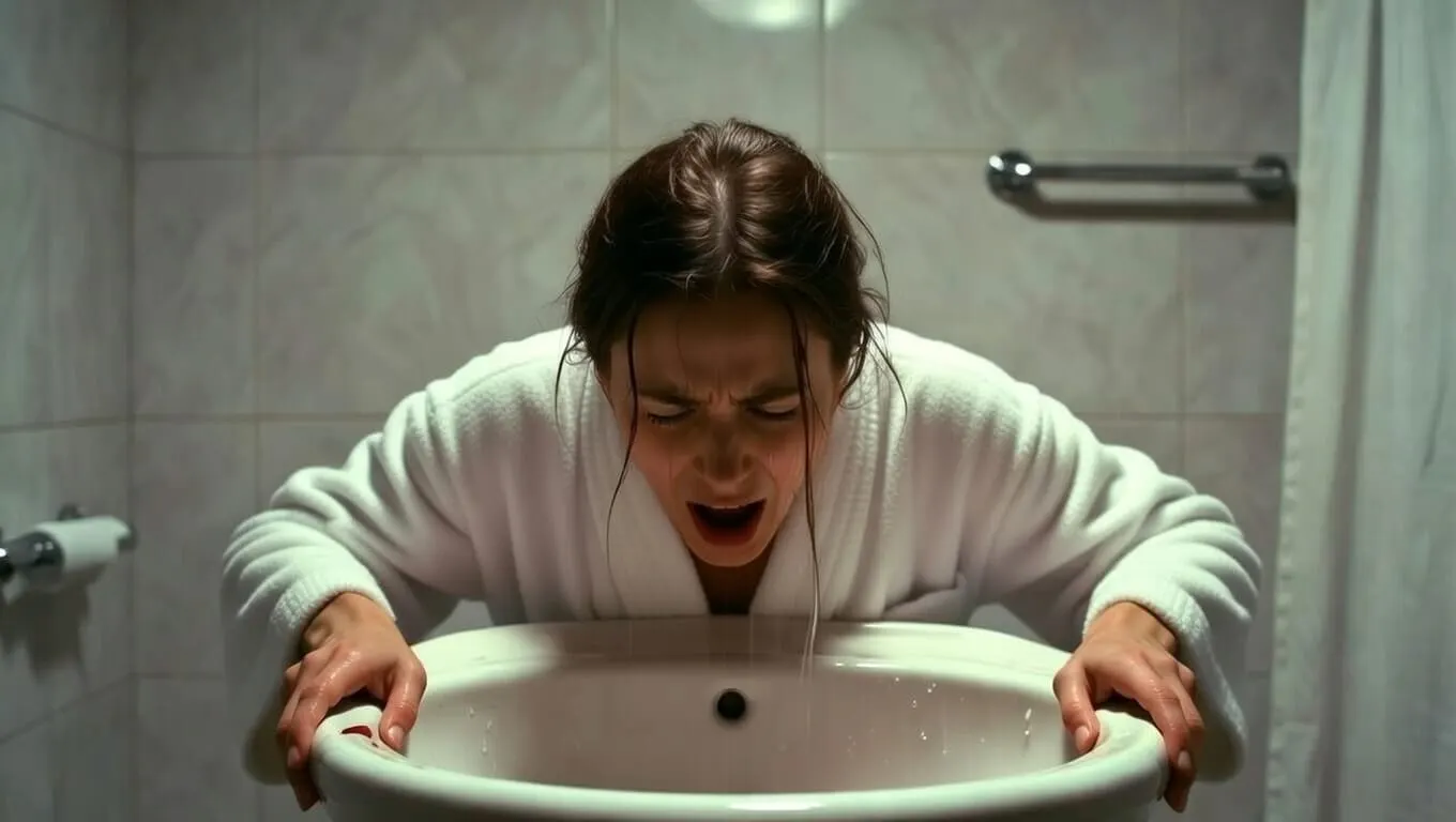 Lavabo blanco con el grifo abierto en un baño en penumbra