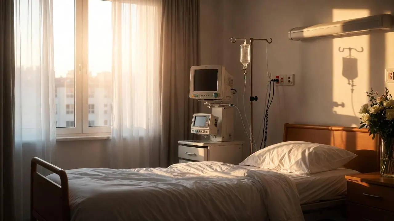 Pasillo de hospital vacío con luz fría