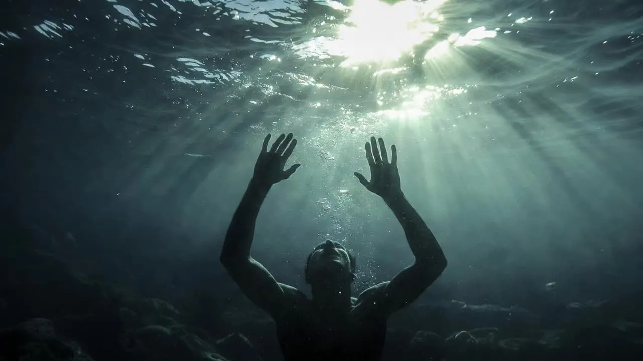 Superficie del agua vista desde debajo con luz filtrándose
