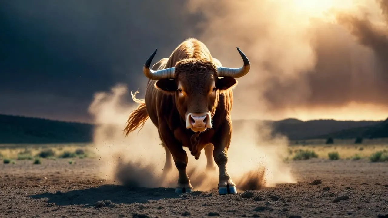 Campo abierto con polvo levantado y una silueta oscura al fondo